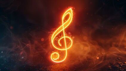 A glowing neon music note on dark background, black and orange color scheme Generative AI