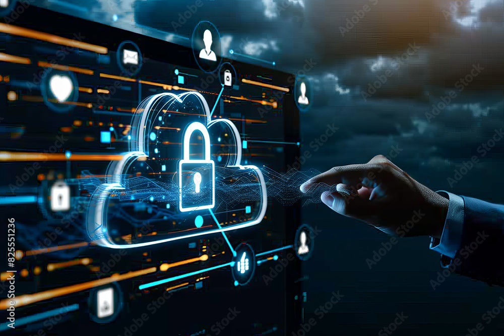 Poster glowing cloud network with lock symbolizing data protection