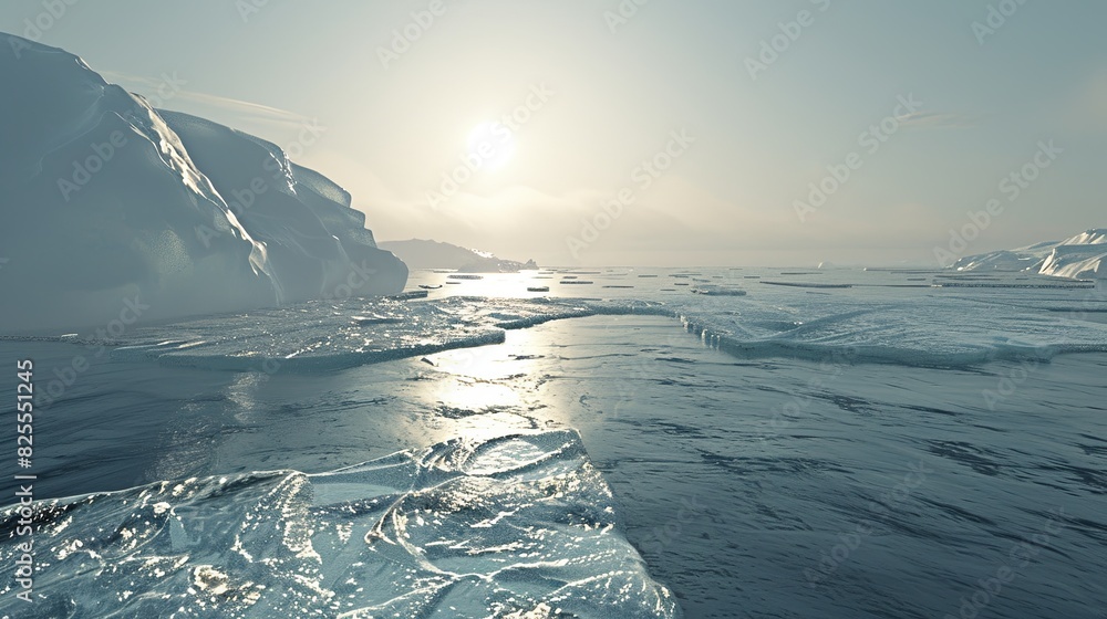 Poster The sun shines on icy icebergs floating in water, creating a sparkling reflection on the frozen surfaces. Generative AI