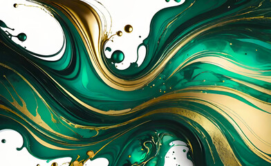 Abstract liquid banner texture with marble pattern, dark green shimmers, gold lines,