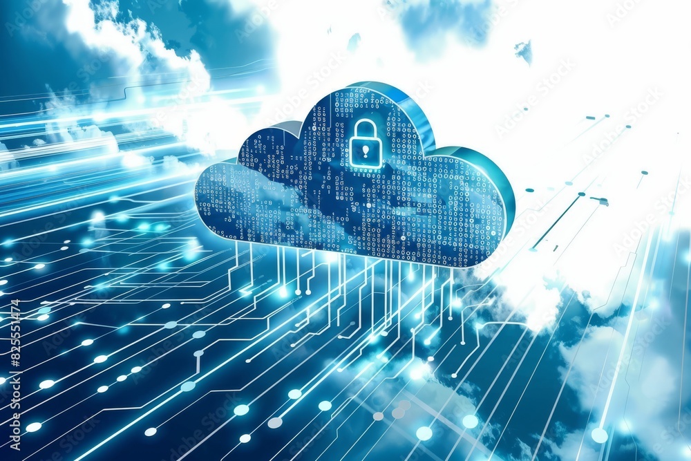 Poster cloud security concept with digital data protection network