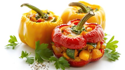 Stuffed peppers made with sun dried organic winter squash on a white background