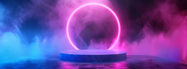 Obraz premium A glowing circular stage pedestal enveloped in vibrant blue and pink mist, setting a futuristic and enigmatic mood.