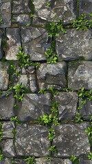Old medieval stone wall. Photo closeup of aged building made of grey stone masonry outside on cityscape background. Horizontal seamless pattern. Stone fence texture for the background. 