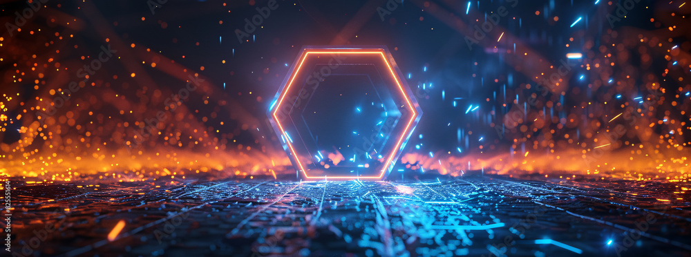 Poster mysterious glowing hexagon floats in space nebula.