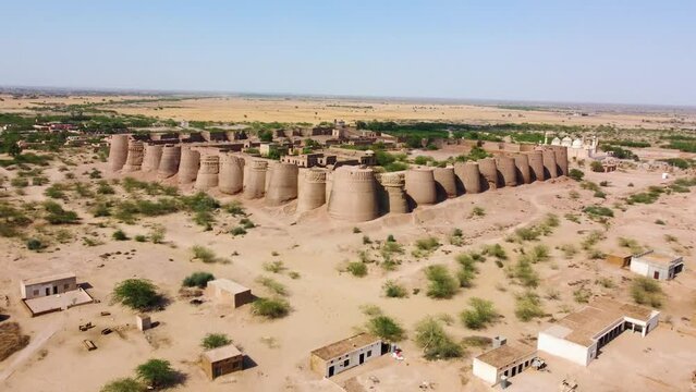Panoramic View to the Derawar Fort. Ariel Drone View of Derawar Fort (Qila Derawar). Derawar Fort was originally founded as a Bhati fort in the 9th century CE. Qila Derawer  in Cholistan Thar Desert.