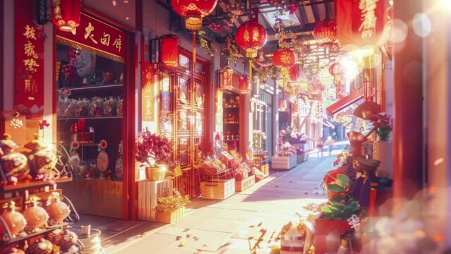 store with decorative ornaments and joss paper for celebrating Chinese Lunar New Year, no people, anime style