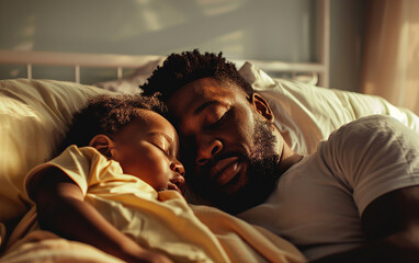 Black african american loving father or dad puts the child to bed - Powered by Adobe
