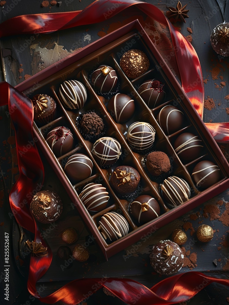 Poster a luxurious box of chocolate truffles adorned with a vibrant red ribbon. generative ai