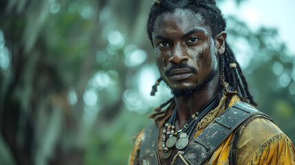 Obraz premium A Man with Dreadlocks Standing in a Forest, Looking Serious