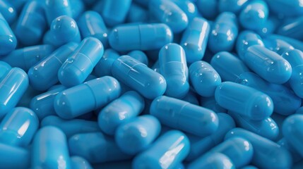 Closeup heap of blue capsule pills medicines as medical background. Generated AI image