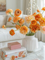 Orange Flowers in Vase on Coffee Table in Living Room Interior