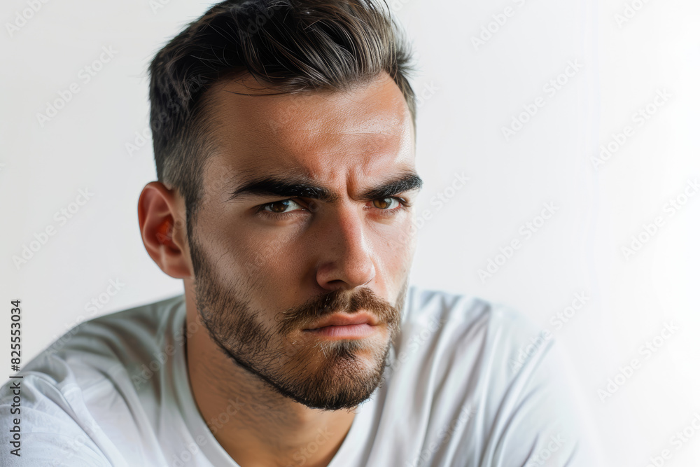 Poster a focused man with intense concentration, separated from the environment, isolated from the backgrou