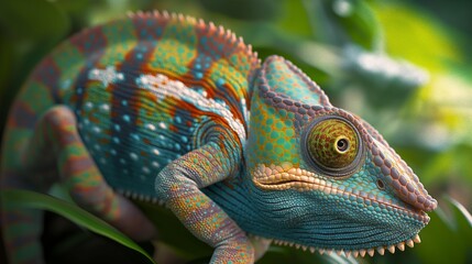 A captivating close-up shot of a colorful chameleon blending seamlessly into its natural surroundings, its intricate patterns and vibrant hues captured in stunning detail as it camouflages itself 