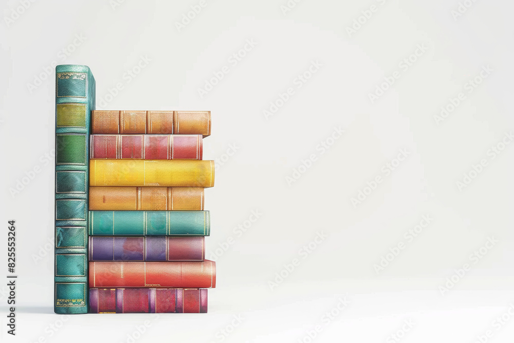 Poster a stack of books with vibrant covers, standing alone against a white backdrop, extracted from the ba