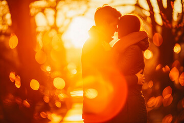Happy couple embracing in city park at sunset, warm backlight adding to the romantic atmosphere.