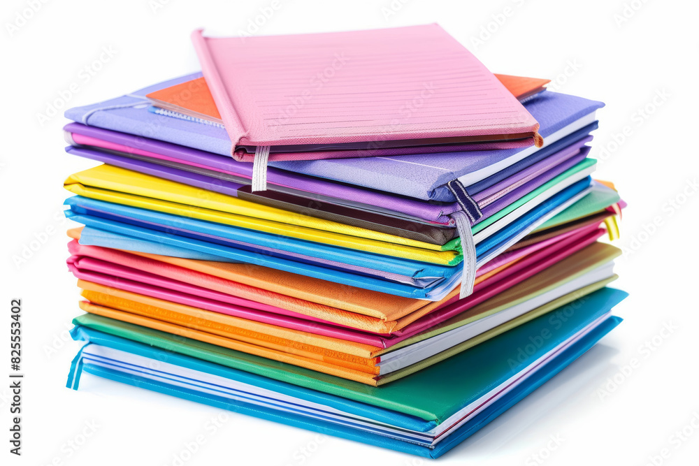 Poster a stack of colorful notebooks isolated on a white background, extracted from the background, with no