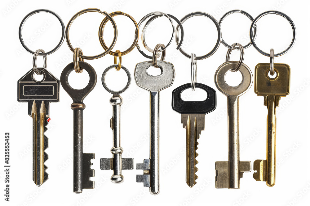 Poster a set of keys with various keychains isolated against a clean white background, cut out from the bac