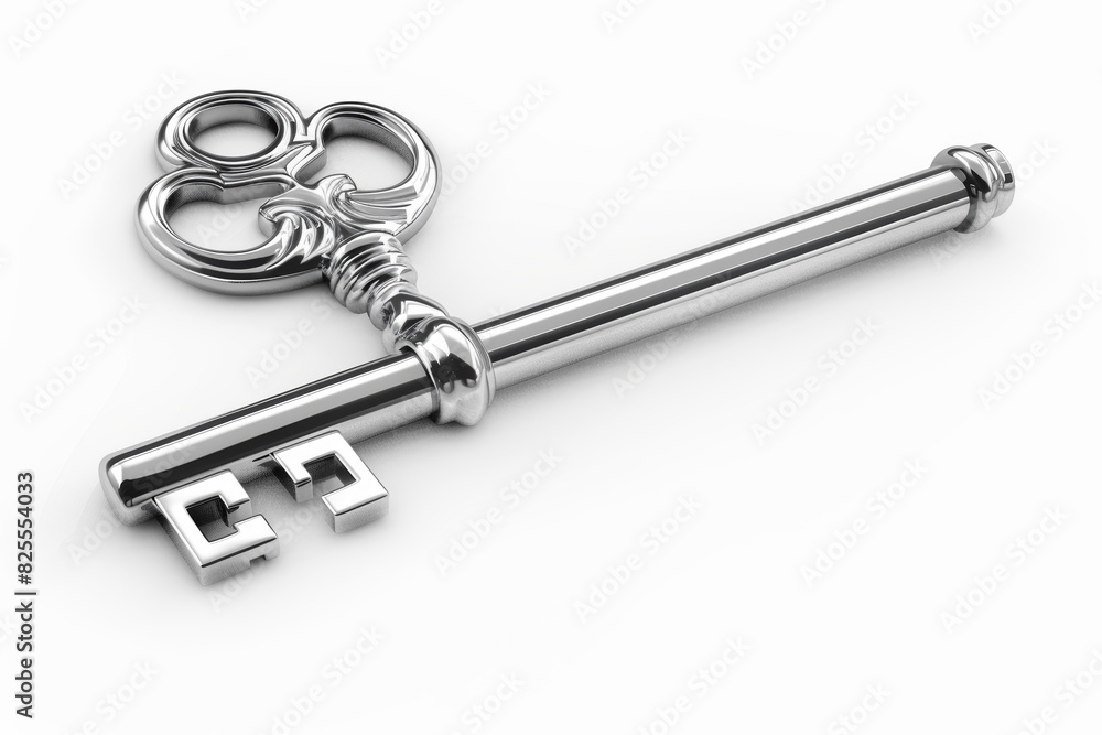 Poster a shiny silver key isolated on a clean white background, separated from the environment, with no bac