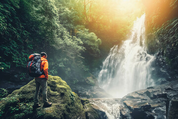 Joyful hiker admiring waterfall in forest, backlight creating ethereal glow.