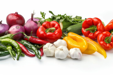 A colorful assortment of vegetables isolated against a white backdrop, cut out from the background, with no background. Concept of nutrition and health. Generative Ai.