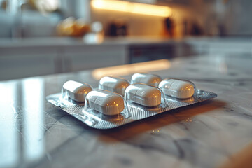 An empty blister pack discarded on a sterile countertop, symbolizing the completion of a course of medication. Concept of medication adherence and treatment completion. Generative Ai.