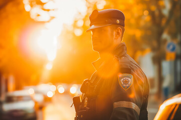Motivated Caucasian Police Officer in His 30s Patrolling Streets at Sunrise, Ensuring Safety and Peace in Community