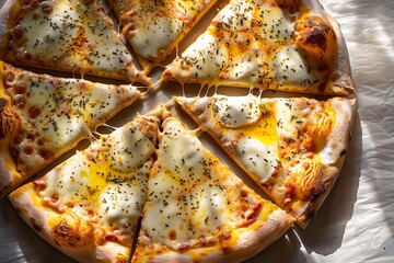 An overhead view of a freshly sliced Quattro Formaggio pizza, each slice showcasing the perfect blend of four cheeses, with a drizzle of olive oil glistening in the sunlight. - Powered by Adobe