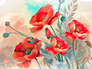 Red poppy flowers on pink background. beautiful and mysterious poppy, patterns in classic colors, vibrant, elegant, mystical background, light mist, detailed