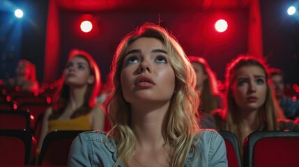beautiful blonde woman in cinema watching movie with amazed face