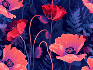 Red poppy flowers on pink background. beautiful and mysterious poppy, patterns in classic colors, vibrant, elegant, mystical background, light mist, detailed