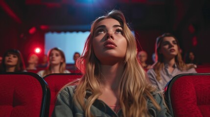 beautiful blonde woman in cinema watching movie with amazed face