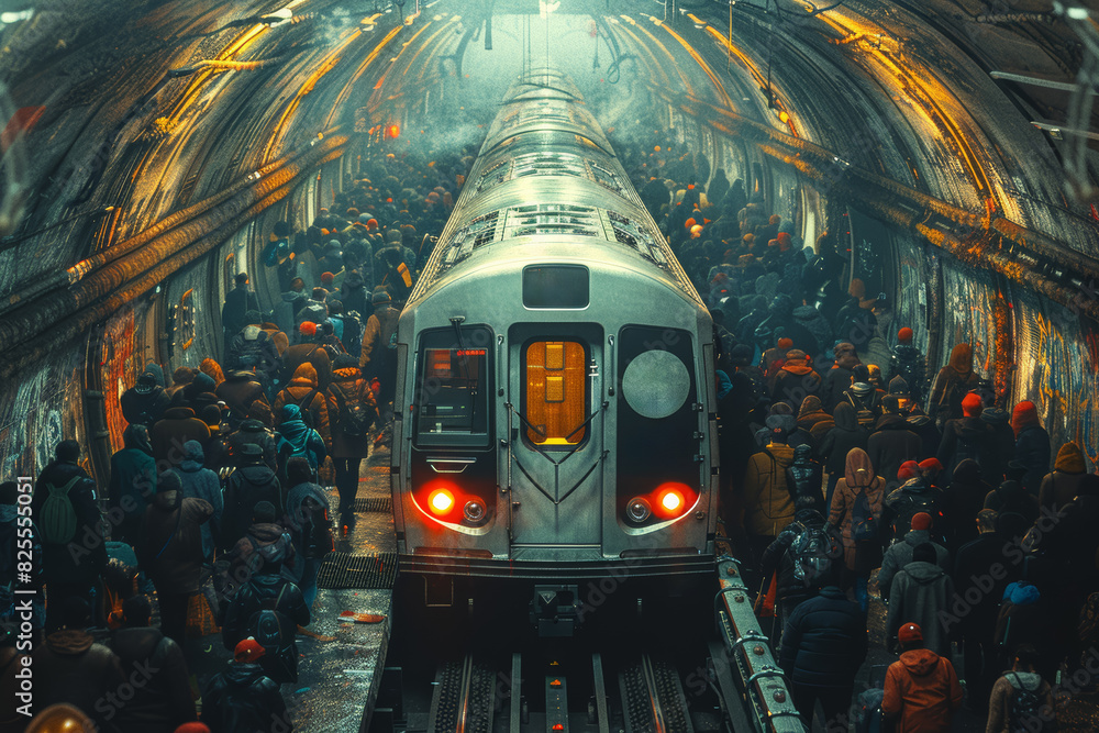 Poster a crowded subway train during rush hour, with commuters jostling for space and struggling to find a 