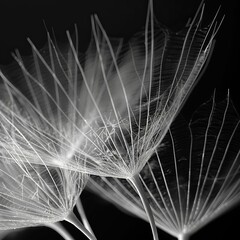 Close-up of delicate dandelion seeds with fine details on a dark background.