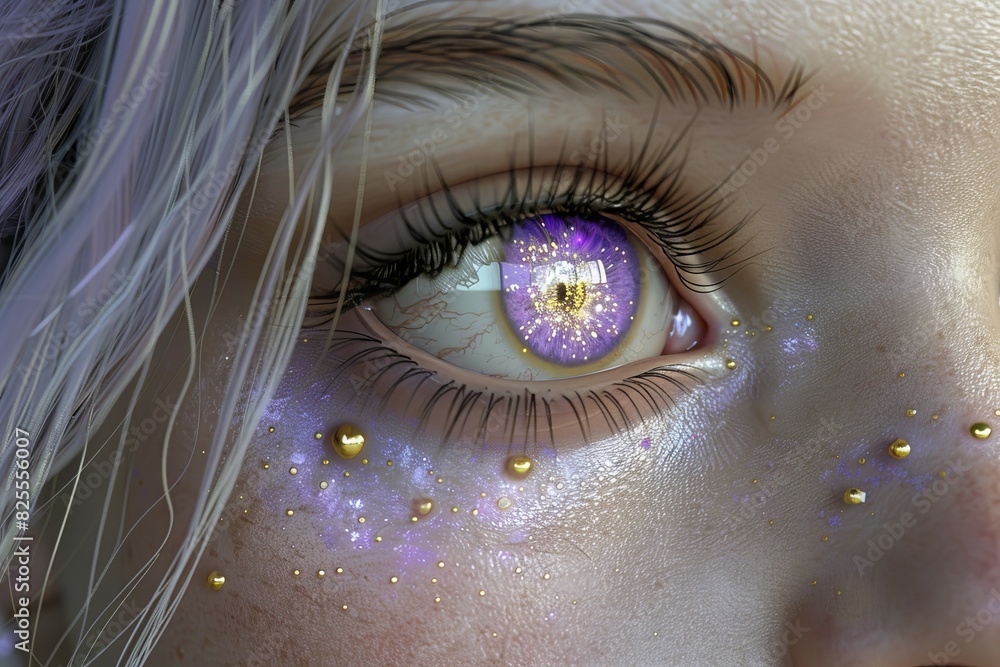 Poster purple eye with ethereal elements symbolizing the fusion of mystical and visual perception