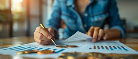 Business professional analyzing financial data and charts on a desk, managing investments and making informed financial decisions.