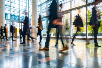 Corporate office, workplace. People moving in the blurry motion behind the glass. High quality photo