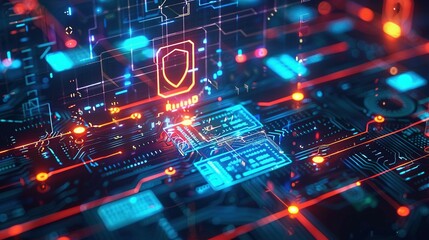 Obraz premium Cybersecurity Network Interface: High-Tech Display with Copy Space
