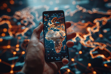 A person's hand holding a smartphone with a video call in progress, connecting with family and friends across continents. Concept of global communication and social connectivity. Generative Ai.