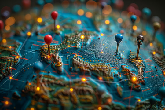 A globe adorned with colorful pins marking locations of international significance, highlighting global hotspots and geopolitical events. Concept of global geopolitics and mapping. Generative Ai.