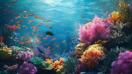 A mesmerizing underwater scene of a vibrant coral reef teeming with life, as schools of tropical fish dart in and out of the intricate coral formations, their vivid colors a dazzling display 