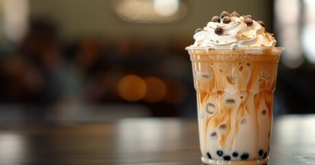 vanilla caramel milk boba bubble tea drink in a cup on a table banner with copy space