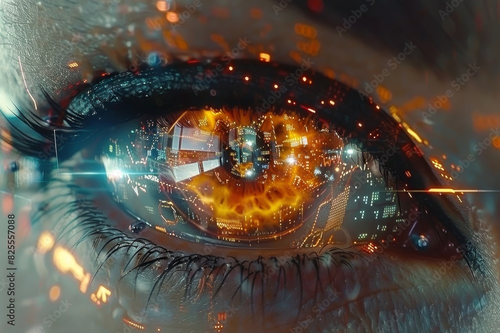 Poster glowing eye with warm tones and digital interface representing the fusion of vision and technology