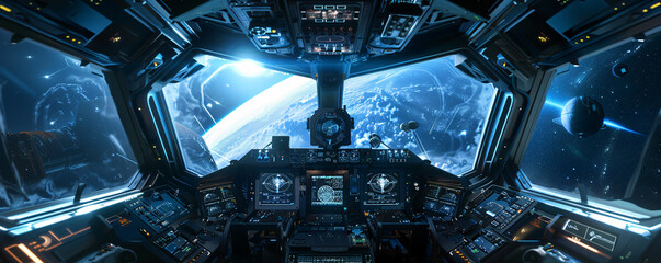 Futuristic spacecraft cockpit view with planet horizon