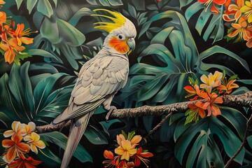 Vibrant illustration of a cockatoo among lush tropical flora