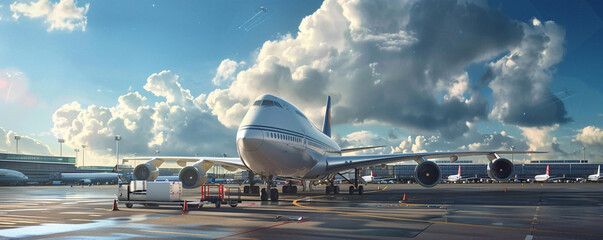 Commercial airplane on tarmac at airport during sunset