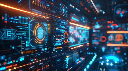 Obraz premium Dramatic High-Tech Interface: Cybersecurity Network with Copy Space