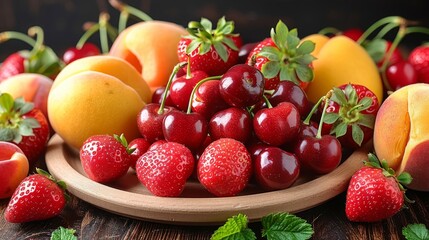 A Mouthwatering Display of Fresh Fruits: Strawberries, Cherries, and Apricots Artfully Arranged on a Wooden Platter with a Rustic Background