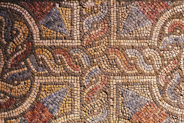 Intricate Roman mosaic floor design from ancient Prusa in Bursa, colorful geometric patterns, historical art detail