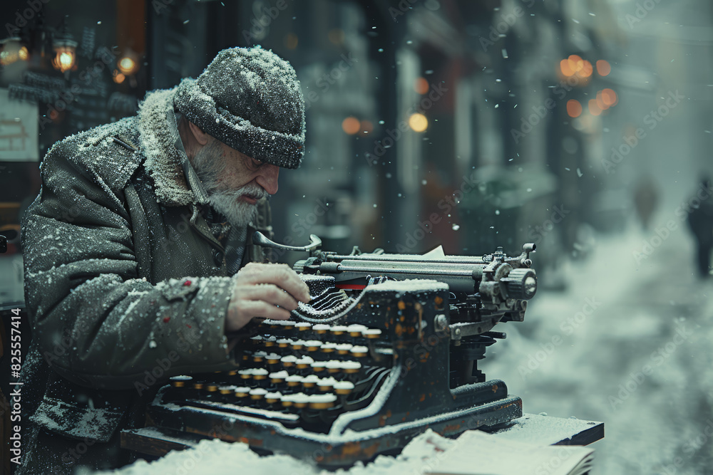 Poster a writer typing on an old-fashioned typewriter by a window. concept of creativity and nostalgia. gen